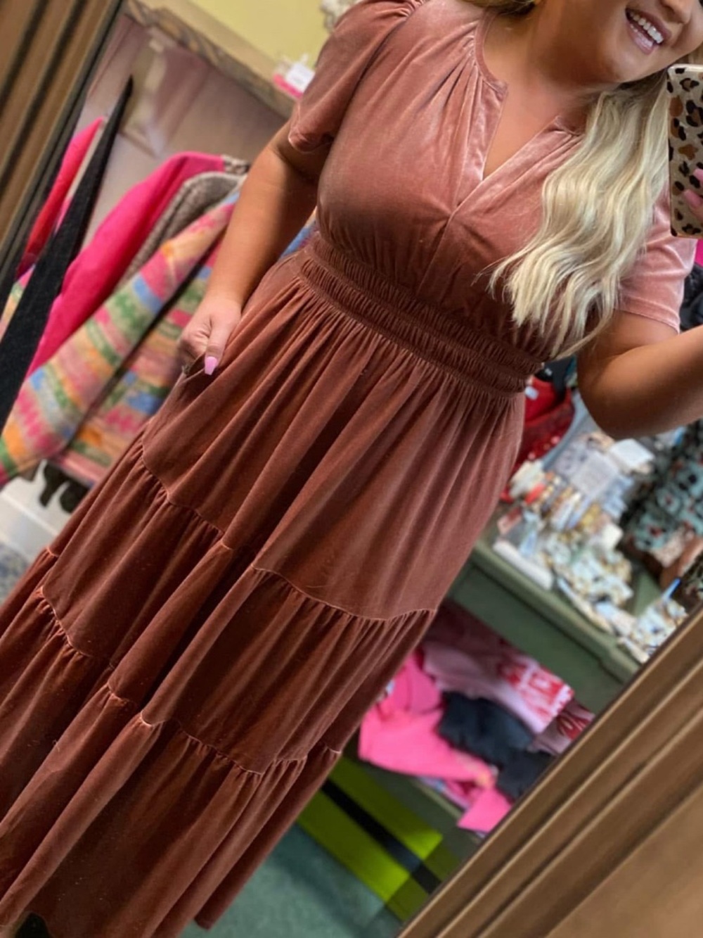 Women’s crushed Velvet Tiered Maxi Dress in Dusty Rose size small - Picture 2 of 4